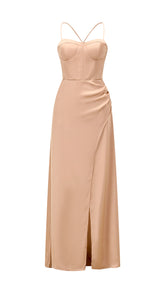 Abito lungo raso donna spalline incrociate, corpetto stile corsetto, gonna con spacco laterale elegante