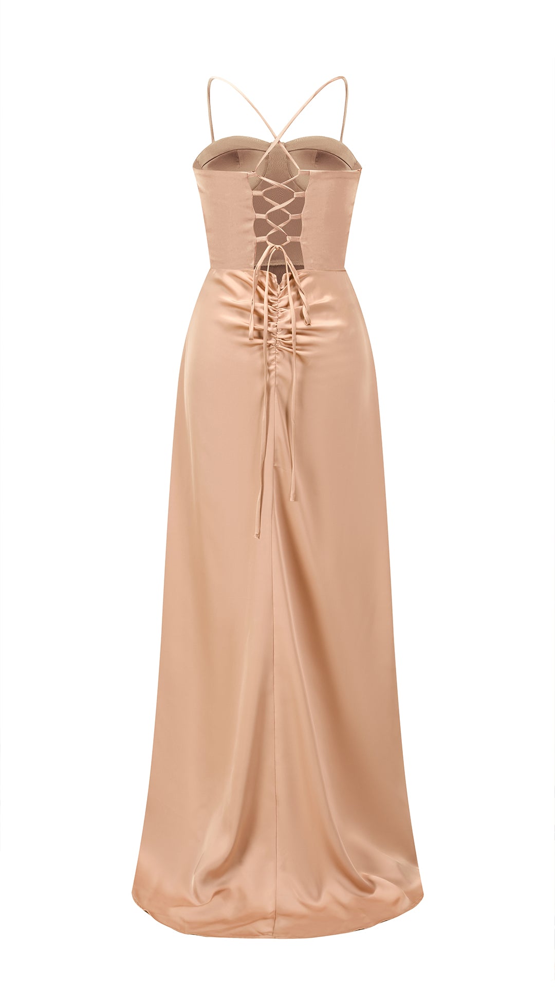 Abito lungo raso donna spalline incrociate, corpetto stile corsetto, gonna con spacco laterale elegante