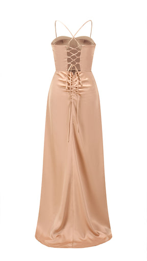 Abito lungo raso donna spalline incrociate, corpetto stile corsetto, gonna con spacco laterale elegante