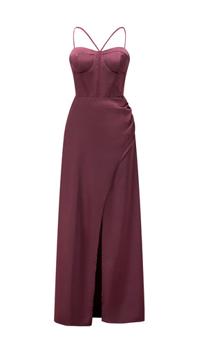 Abito lungo raso donna spalline incrociate, corpetto stile corsetto, gonna con spacco laterale elegante