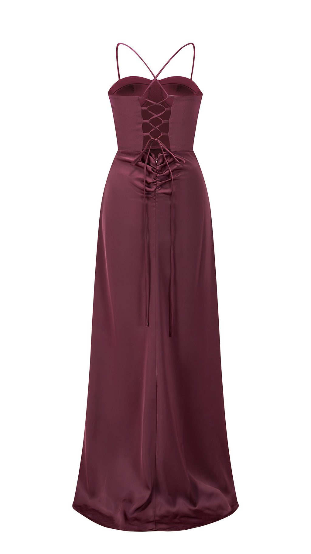 Abito lungo raso donna spalline incrociate, corpetto stile corsetto, gonna con spacco laterale elegante