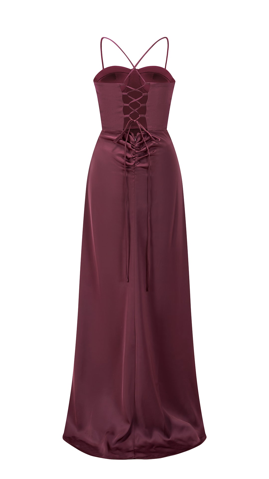 Abito lungo raso donna spalline incrociate, corpetto stile corsetto, gonna con spacco laterale elegante