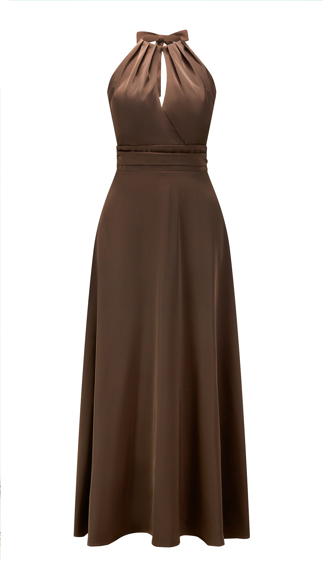 Abito lungo in raso donna a collo alto annodato, scollo a V, gonna ampia elegante