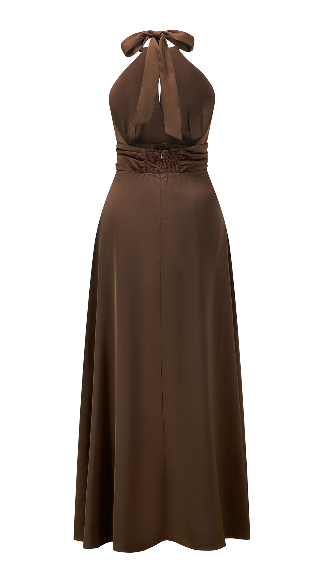 Abito lungo in raso donna a collo alto annodato, scollo a V, gonna ampia elegante