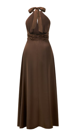 Abito lungo in raso donna a collo alto annodato, scollo a V, gonna ampia elegante