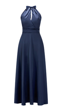 Abito lungo in raso donna a collo alto annodato, scollo a V, gonna ampia elegante