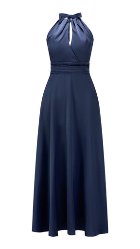 Abito lungo in raso donna a collo alto annodato, scollo a V, gonna ampia elegante