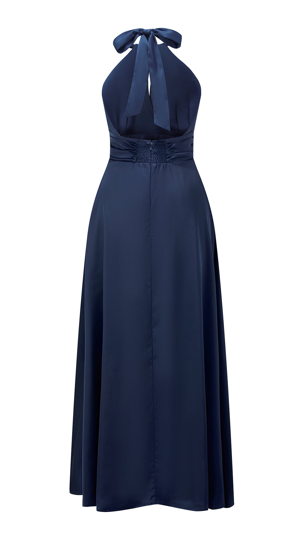 Abito lungo in raso donna a collo alto annodato, scollo a V, gonna ampia elegante