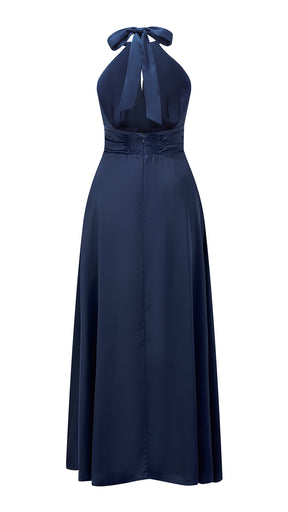 Abito lungo in raso donna a collo alto annodato, scollo a V, gonna ampia elegante