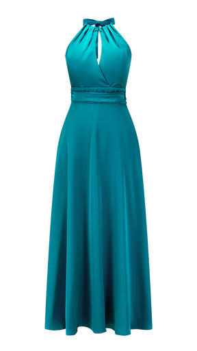 Abito lungo in raso donna a collo alto annodato, scollo a V, gonna ampia elegante