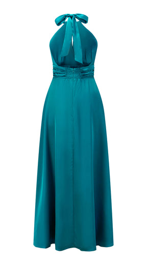 Abito lungo in raso donna a collo alto annodato, scollo a V, gonna ampia elegante