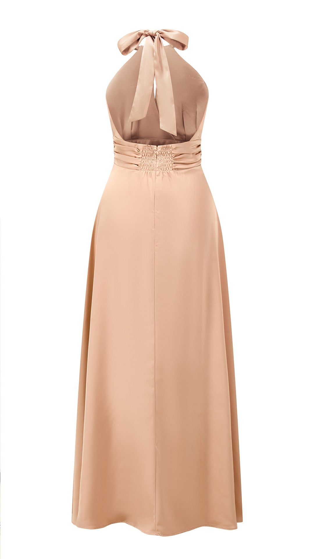 Abito lungo in raso donna a collo alto annodato, scollo a V, gonna ampia elegante