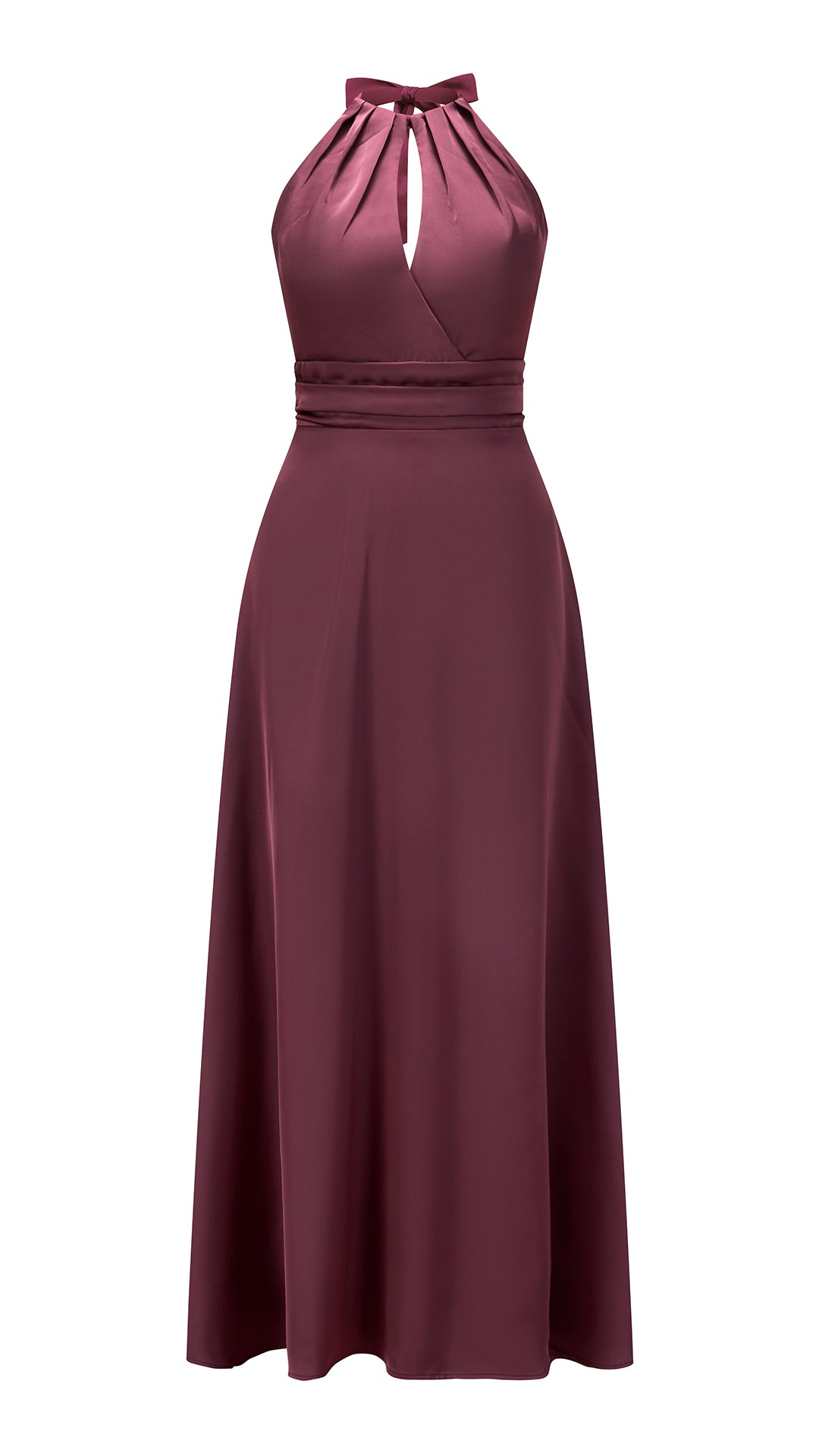 Abito lungo in raso donna a collo alto annodato, scollo a V, gonna ampia elegante