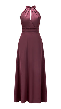 Abito lungo in raso donna a collo alto annodato, scollo a V, gonna ampia elegante
