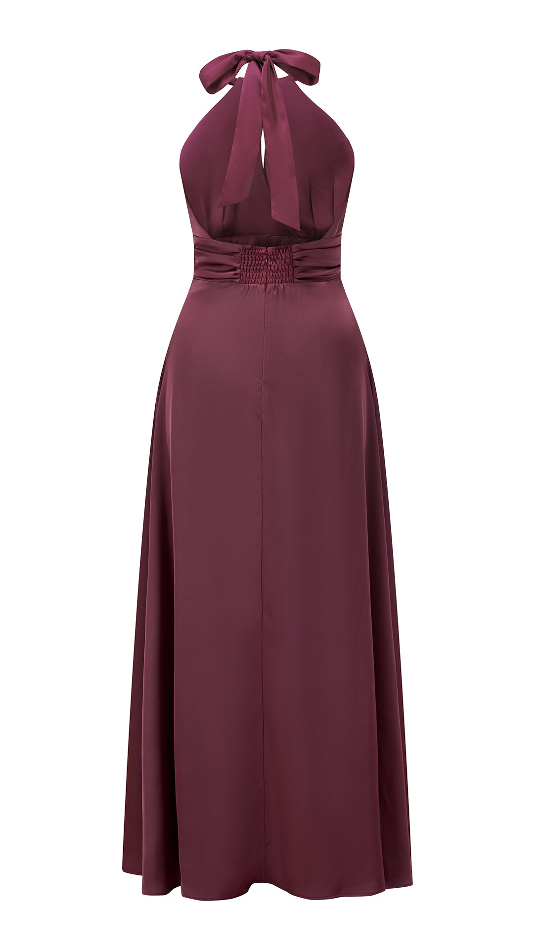 Abito lungo in raso donna a collo alto annodato, scollo a V, gonna ampia elegante