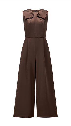 Tuta jumpsuit senza maniche donna con fiocco, gamba larga, elegante per ufficio e occasioni