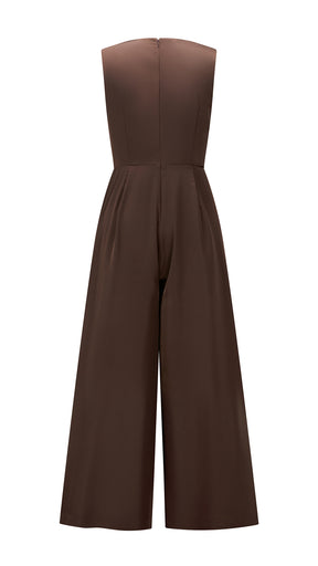 Tuta jumpsuit senza maniche donna con fiocco, gamba larga, elegante per ufficio e occasioni