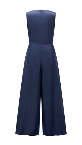 Tuta jumpsuit senza maniche donna con fiocco, gamba larga, elegante per ufficio e occasioni