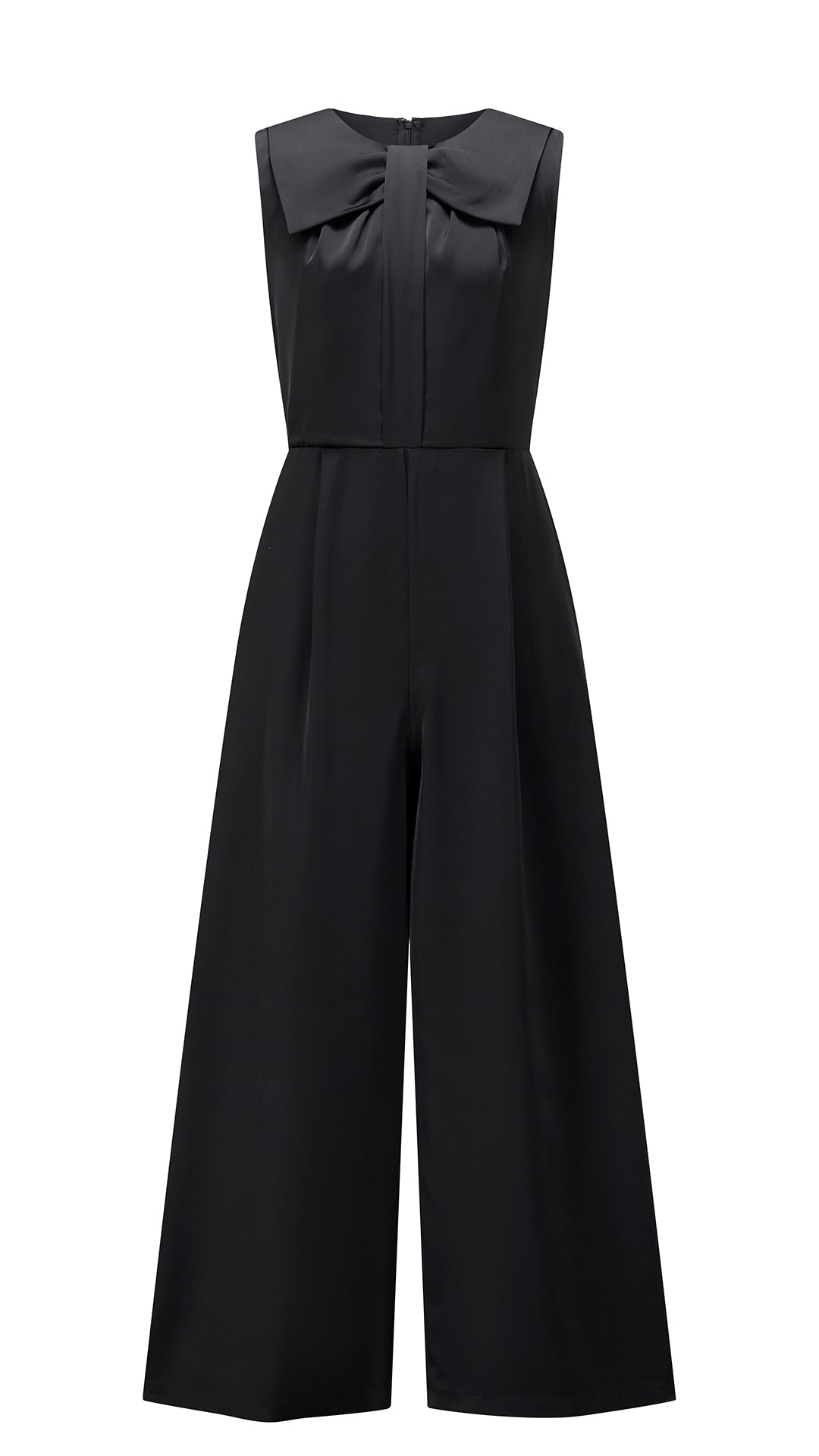 Tuta jumpsuit senza maniche donna con fiocco, gamba larga, elegante per ufficio e occasioni