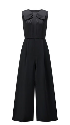 Tuta jumpsuit senza maniche donna con fiocco, gamba larga, elegante per ufficio e occasioni