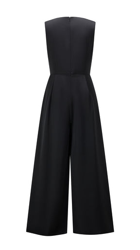 Tuta jumpsuit senza maniche donna con fiocco, gamba larga, elegante per ufficio e occasioni