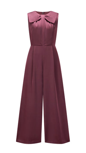 Tuta jumpsuit senza maniche donna con fiocco, gamba larga, elegante per ufficio e occasioni