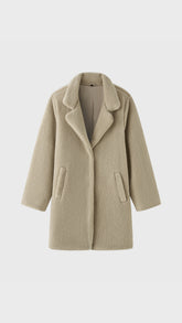 Cappotto Medio Donna in Tessuto Teddy, Giacca Invernale con Colletto a Rever e Tasche