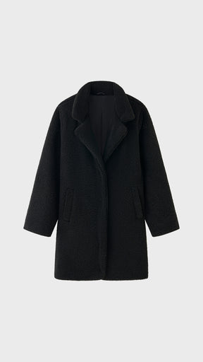 Cappotto Medio Donna in Tessuto Teddy, Giacca Invernale con Colletto a Rever e Tasche