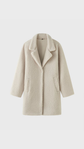 Cappotto Medio Donna in Tessuto Teddy, Giacca Invernale con Colletto a Rever e Tasche