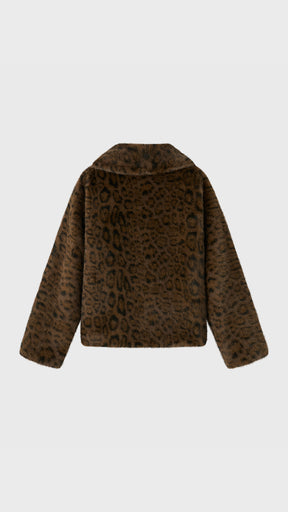 Giacca Corta Donna in Eco Pelliccia con Stampa Maculata, Cappotto Invernale con Ampio Colletto