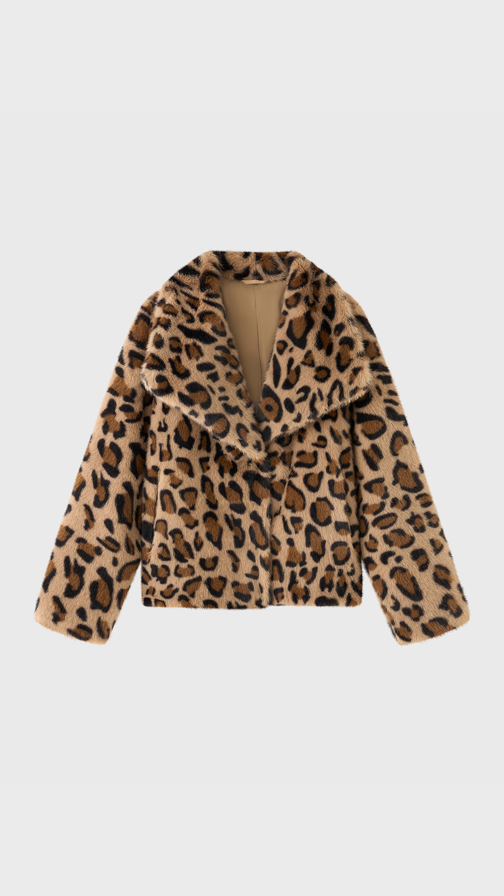 Giacca Corta Donna in Eco Pelliccia con Stampa Maculata, Cappotto Invernale con Ampio Colletto