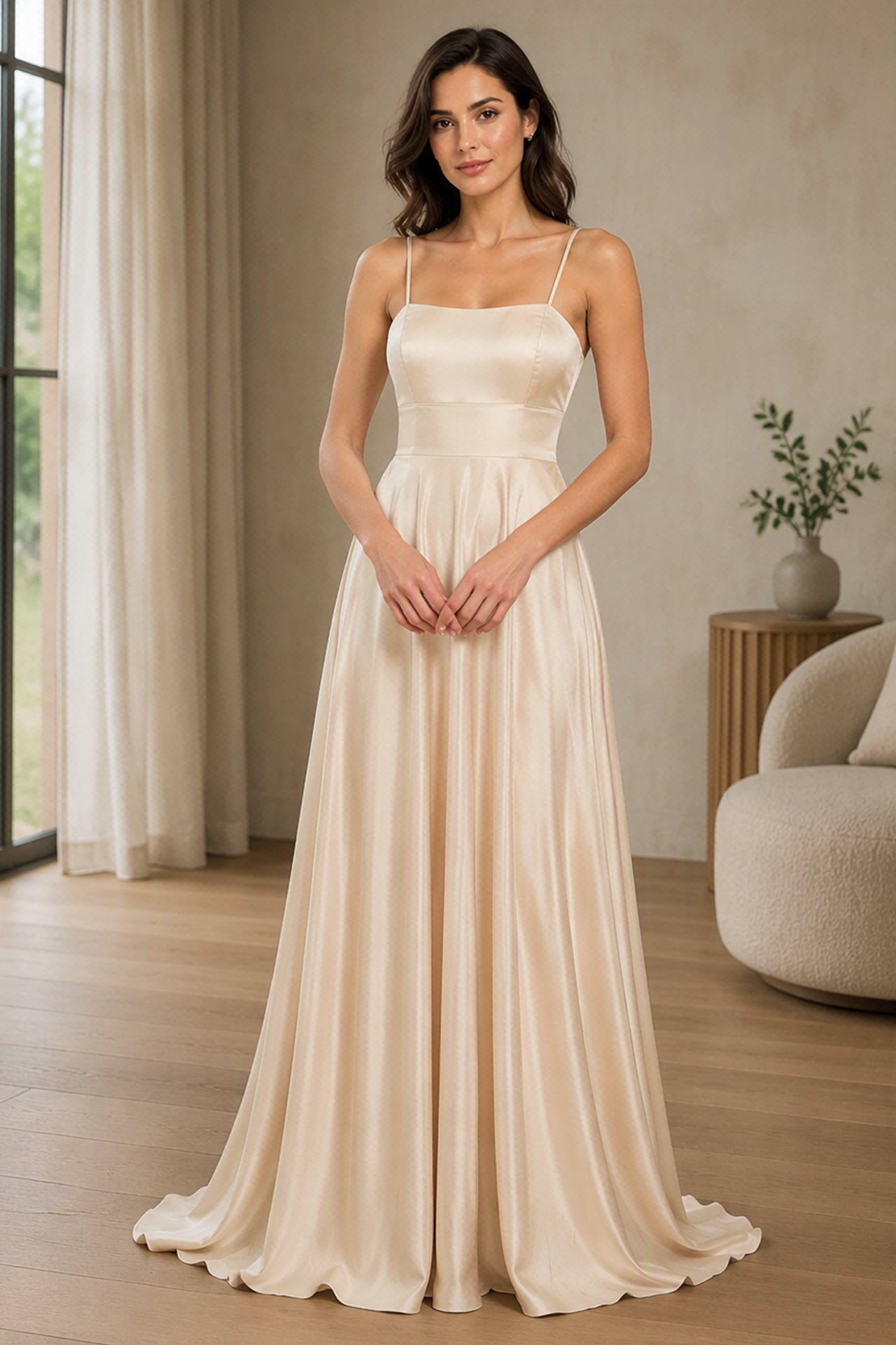 Abito Lungo Elegante in Raso con Spalline Sottili –  “Estella”