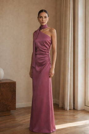 Abito Lungo Monospalla con Collarino e Fiocco in Satin - Eleganza per Matrimoni e Serate Speciali
