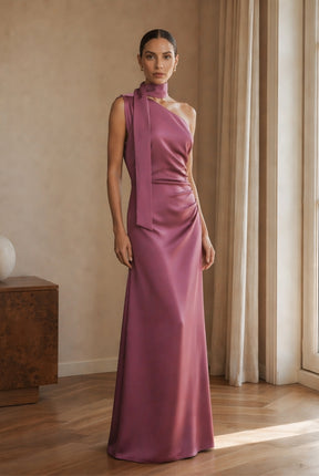 Abito Lungo Monospalla con Collarino e Fiocco in Satin - Eleganza per Matrimoni e Serate Speciali