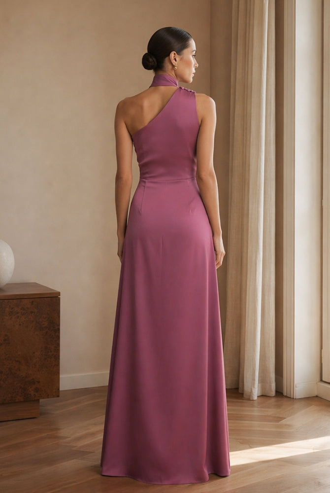 Abito Lungo Monospalla con Collarino e Fiocco in Satin - Eleganza per Matrimoni e Serate Speciali