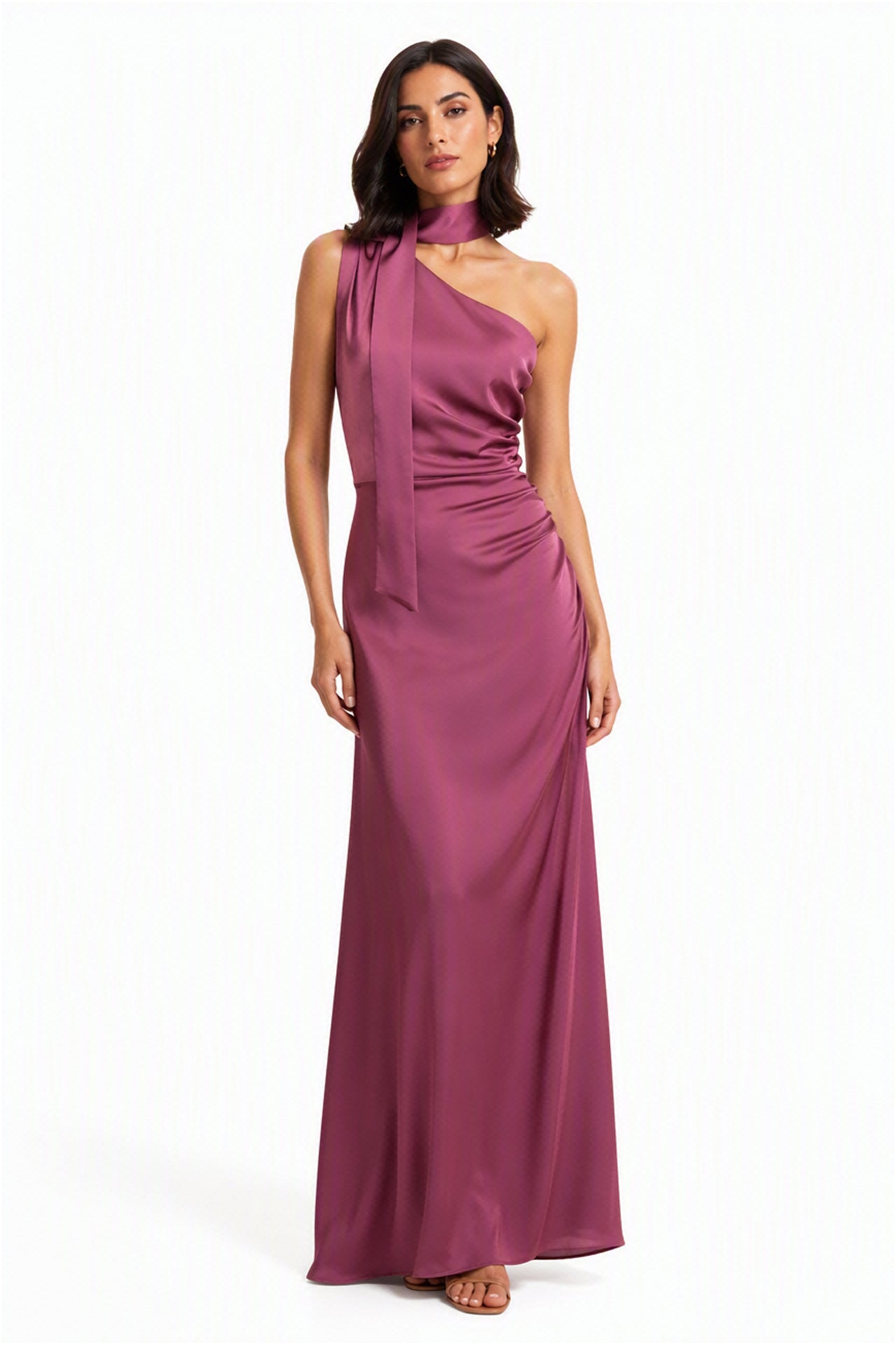 Abito Lungo Monospalla con Collarino e Fiocco in Satin - Eleganza per Matrimoni e Serate Speciali -1