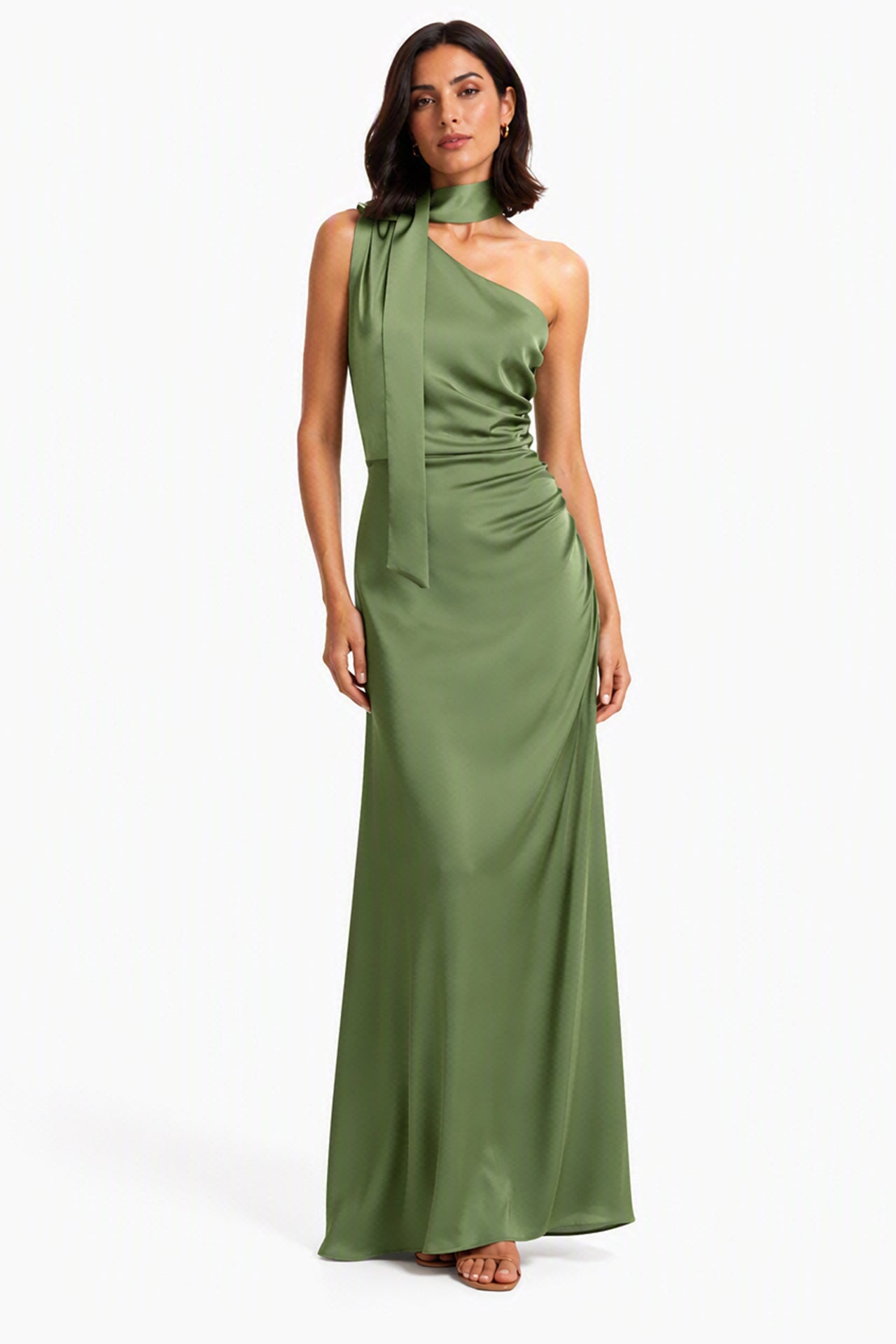Abito Lungo Monospalla con Collarino e Fiocco in Satin - Eleganza per Matrimoni e Serate Speciali -3