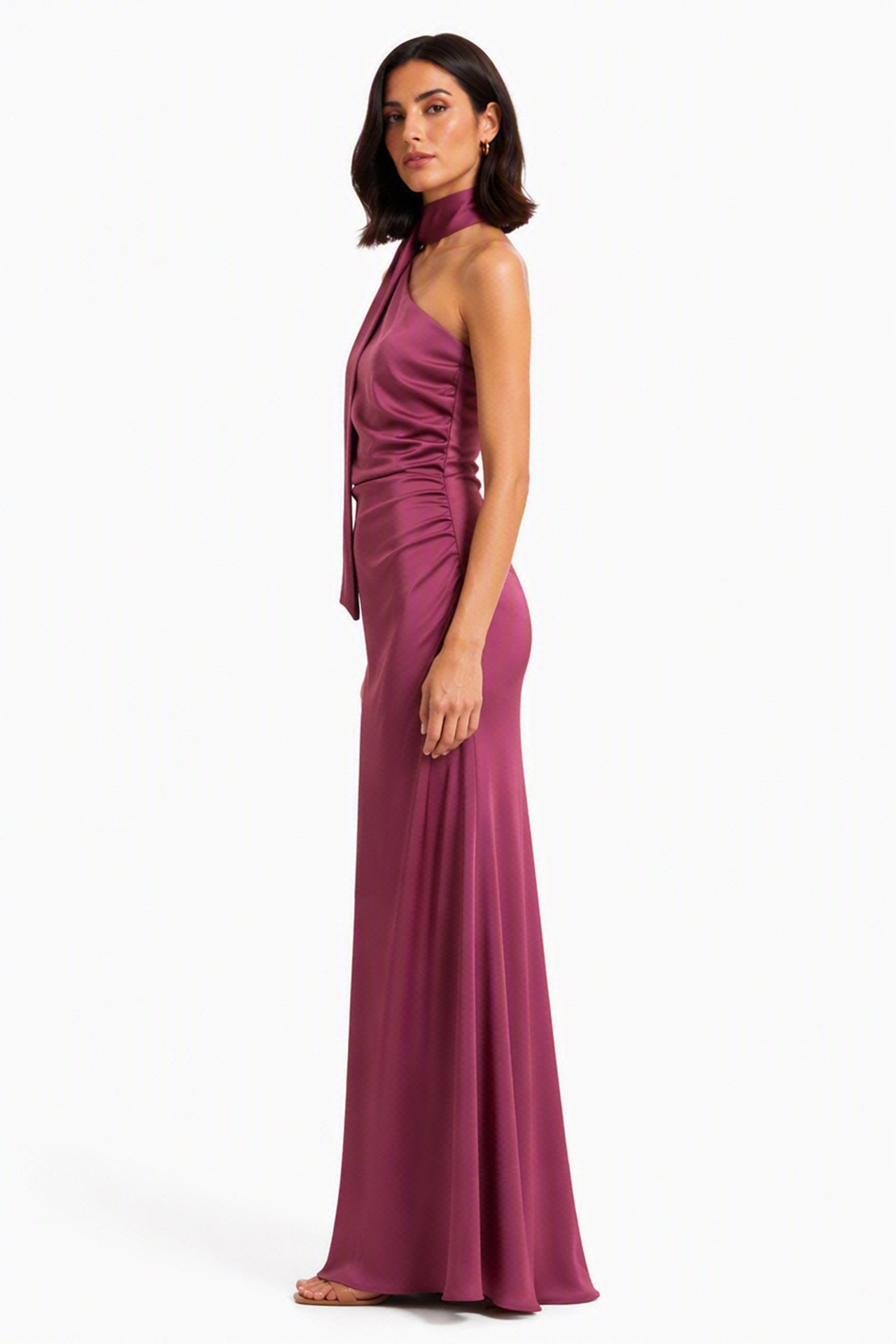 Abito Lungo Monospalla con Collarino e Fiocco in Satin - Eleganza per Matrimoni e Serate Speciali -1
