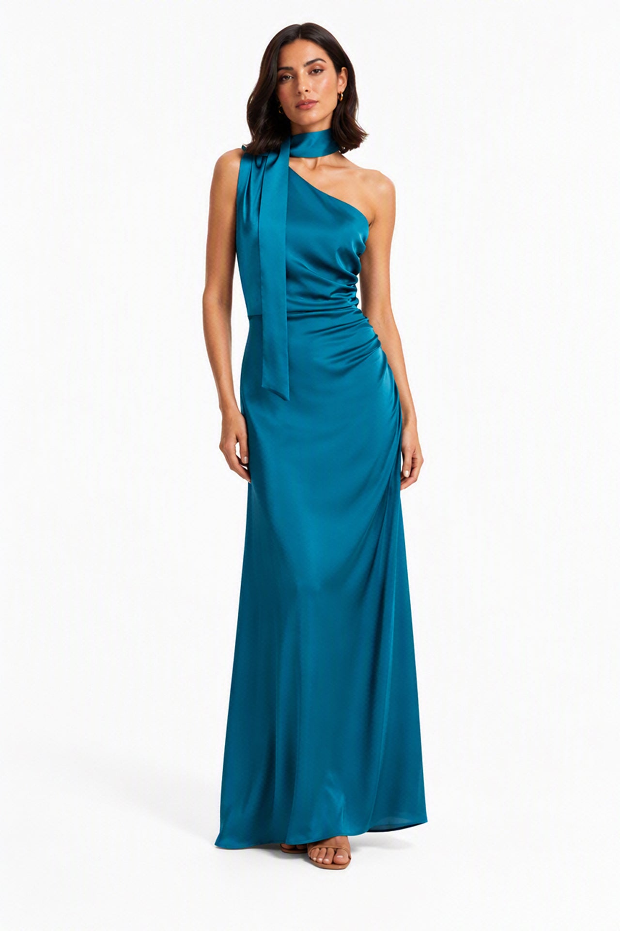 Abito Lungo Monospalla con Collarino e Fiocco in Satin - Eleganza per Matrimoni e Serate Speciali -5