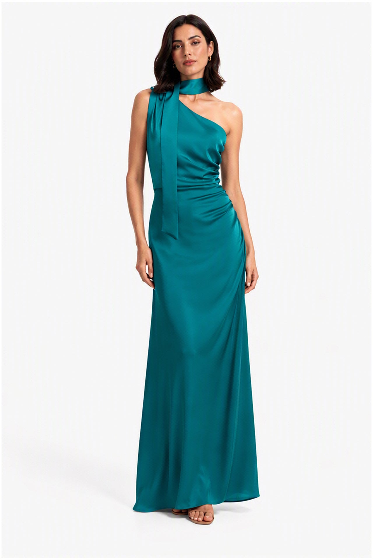 Abito Lungo Monospalla con Collarino e Fiocco in Satin - Eleganza per Matrimoni e Serate Speciali -6
