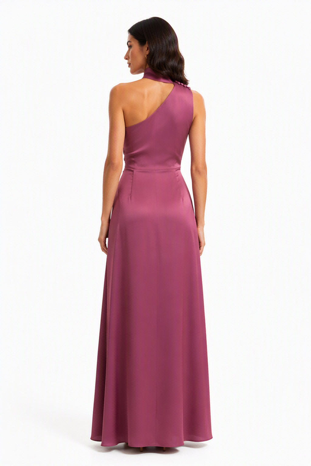 Abito Lungo Monospalla con Collarino e Fiocco in Satin - Eleganza per Matrimoni e Serate Speciali -1