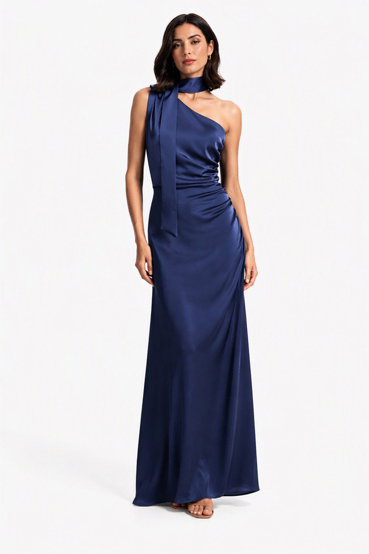 Abito Lungo Monospalla con Collarino e Fiocco in Satin - Eleganza per Matrimoni e Serate Speciali -7