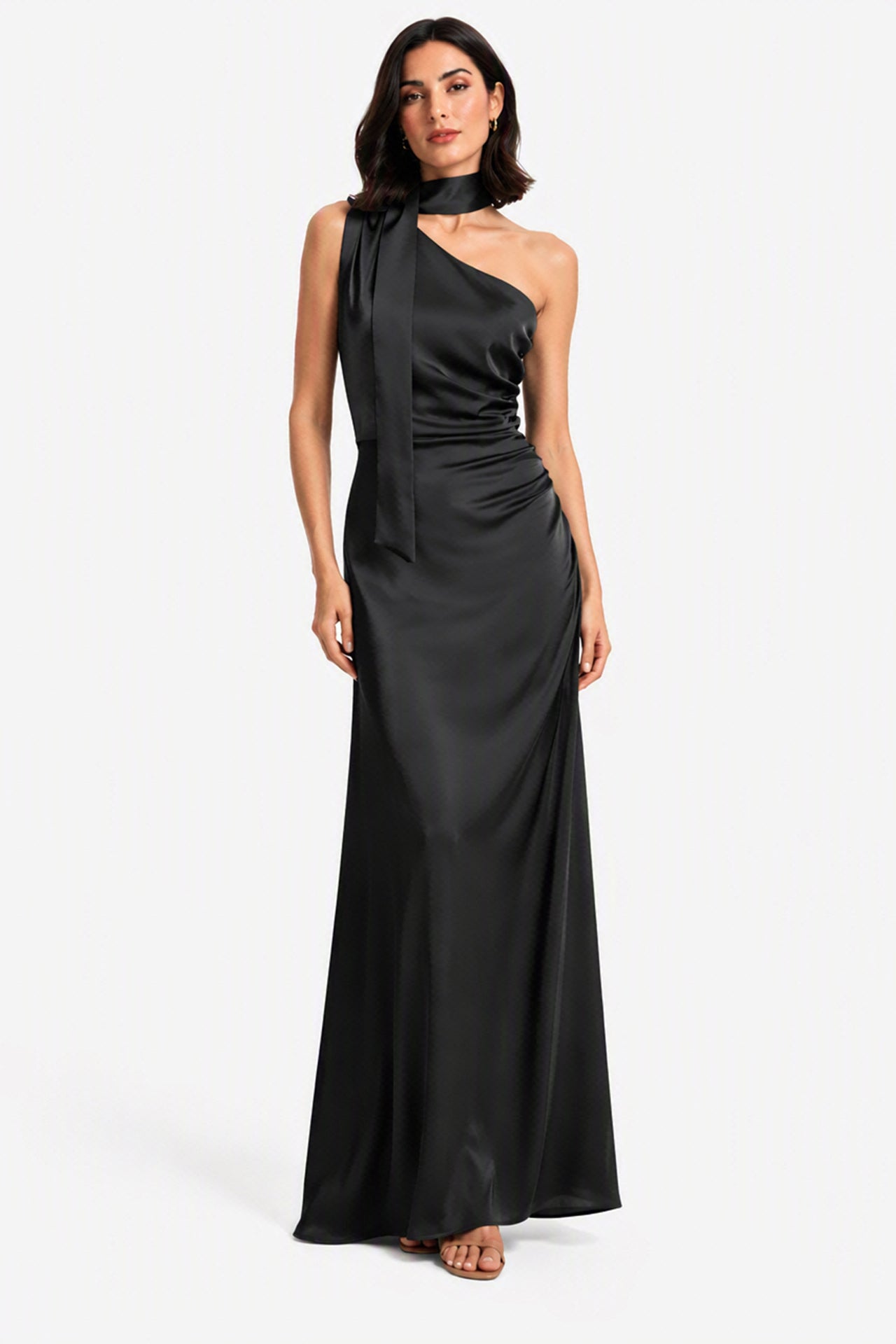 Abito Lungo Monospalla con Collarino e Fiocco in Satin - Eleganza per Matrimoni e Serate Speciali -8