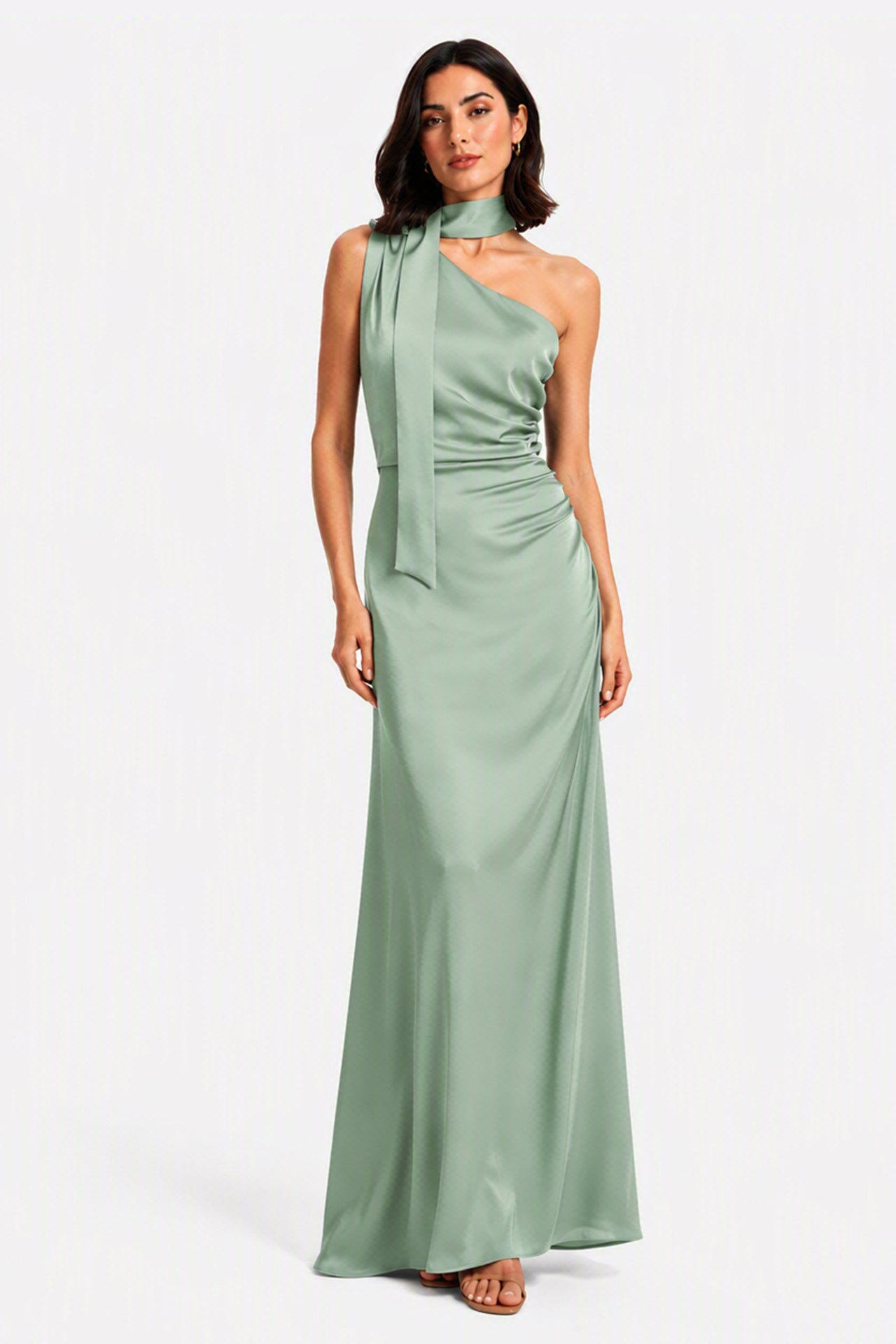 Abito Lungo Monospalla con Collarino e Fiocco in Satin - Eleganza per Matrimoni e Serate Speciali -9