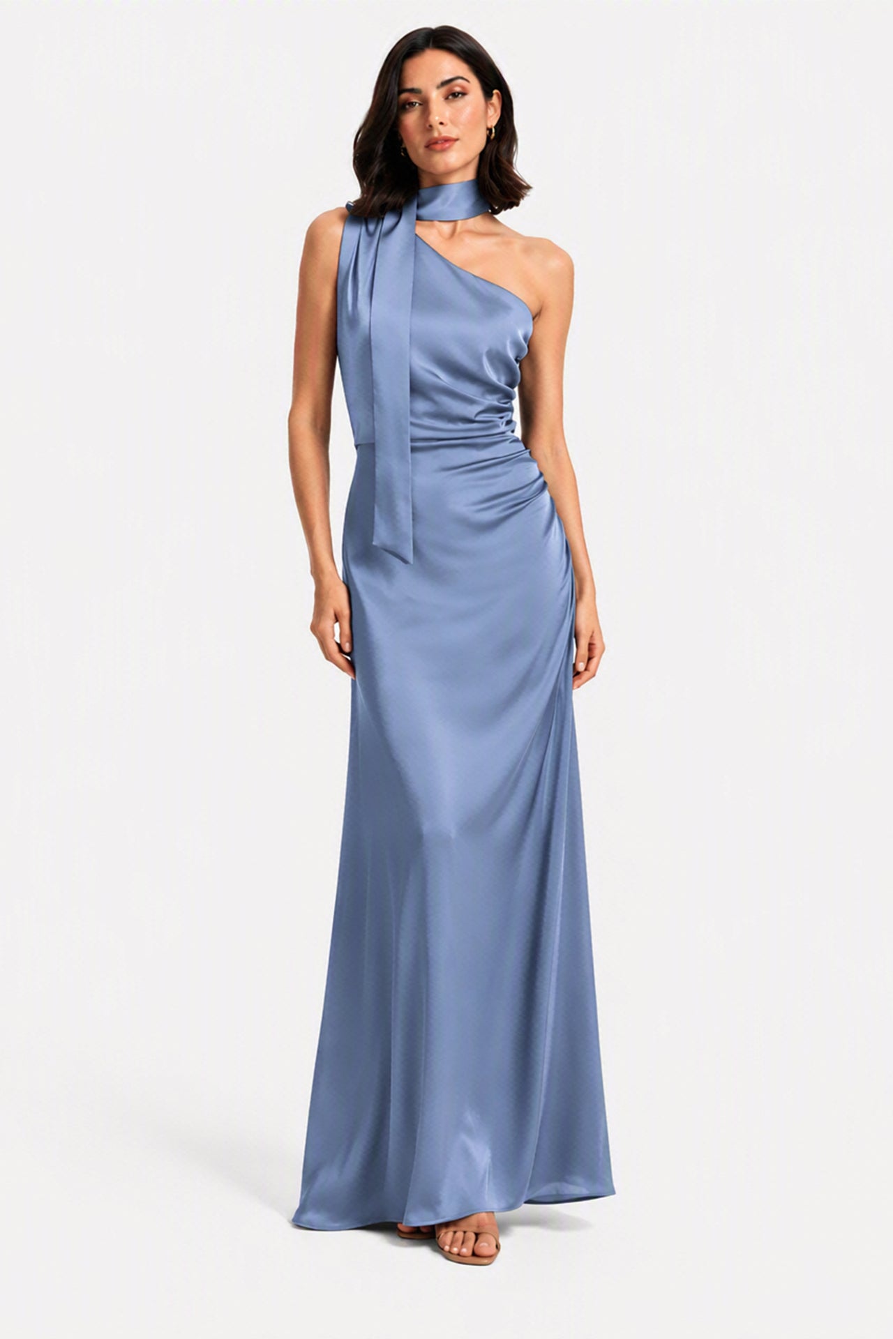 Abito Lungo Monospalla con Collarino e Fiocco in Satin - Eleganza per Matrimoni e Serate Speciali -10