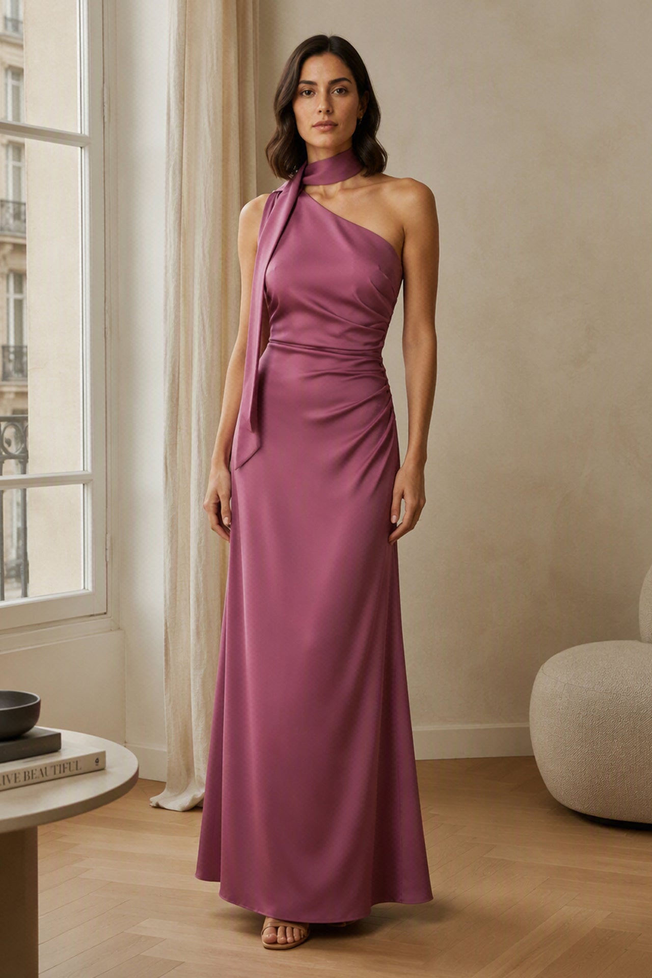 Abito Lungo Monospalla con Collarino e Fiocco in Satin - Eleganza per Matrimoni e Serate Speciali -1