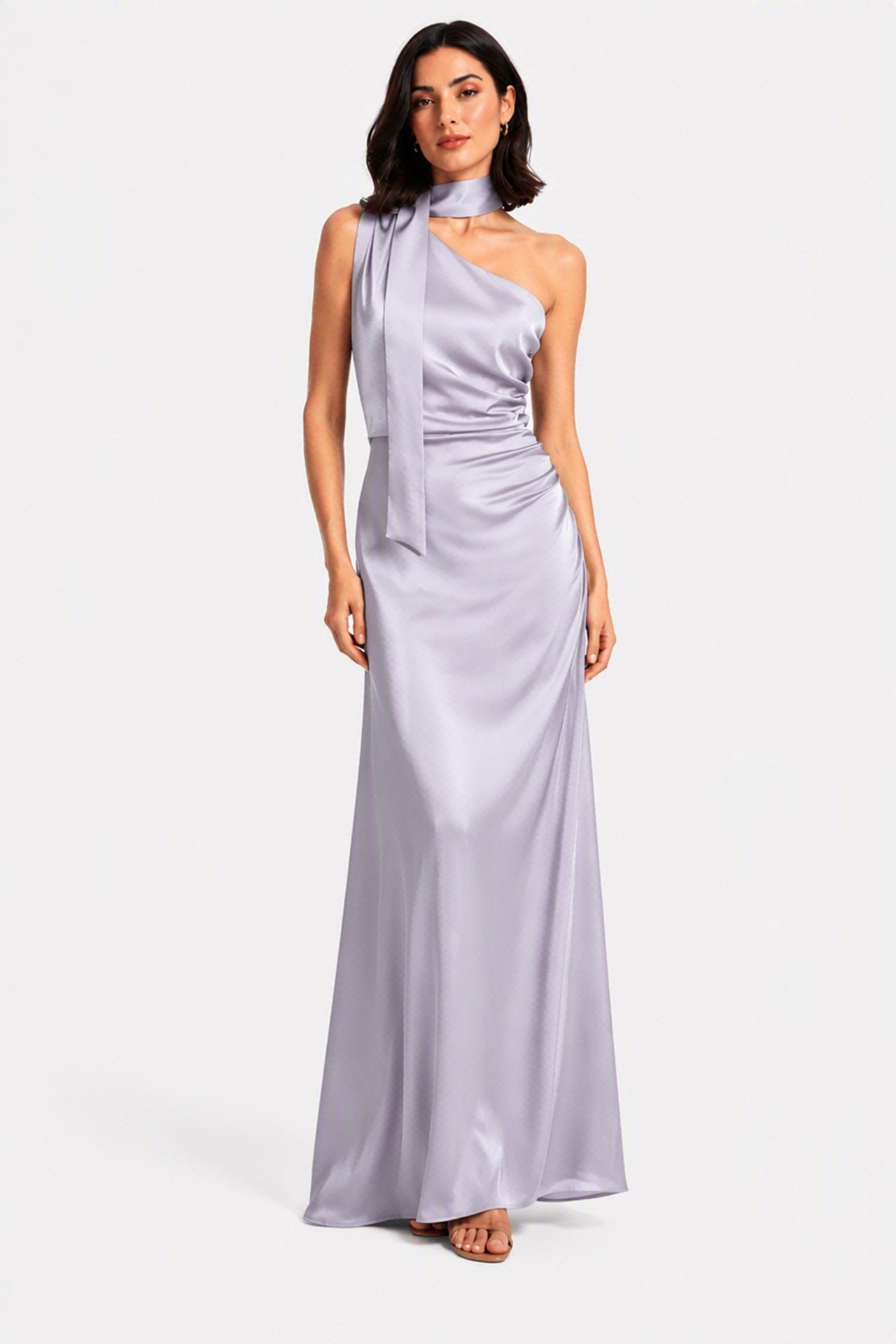 Abito Lungo Monospalla con Collarino e Fiocco in Satin - Eleganza per Matrimoni e Serate Speciali -11