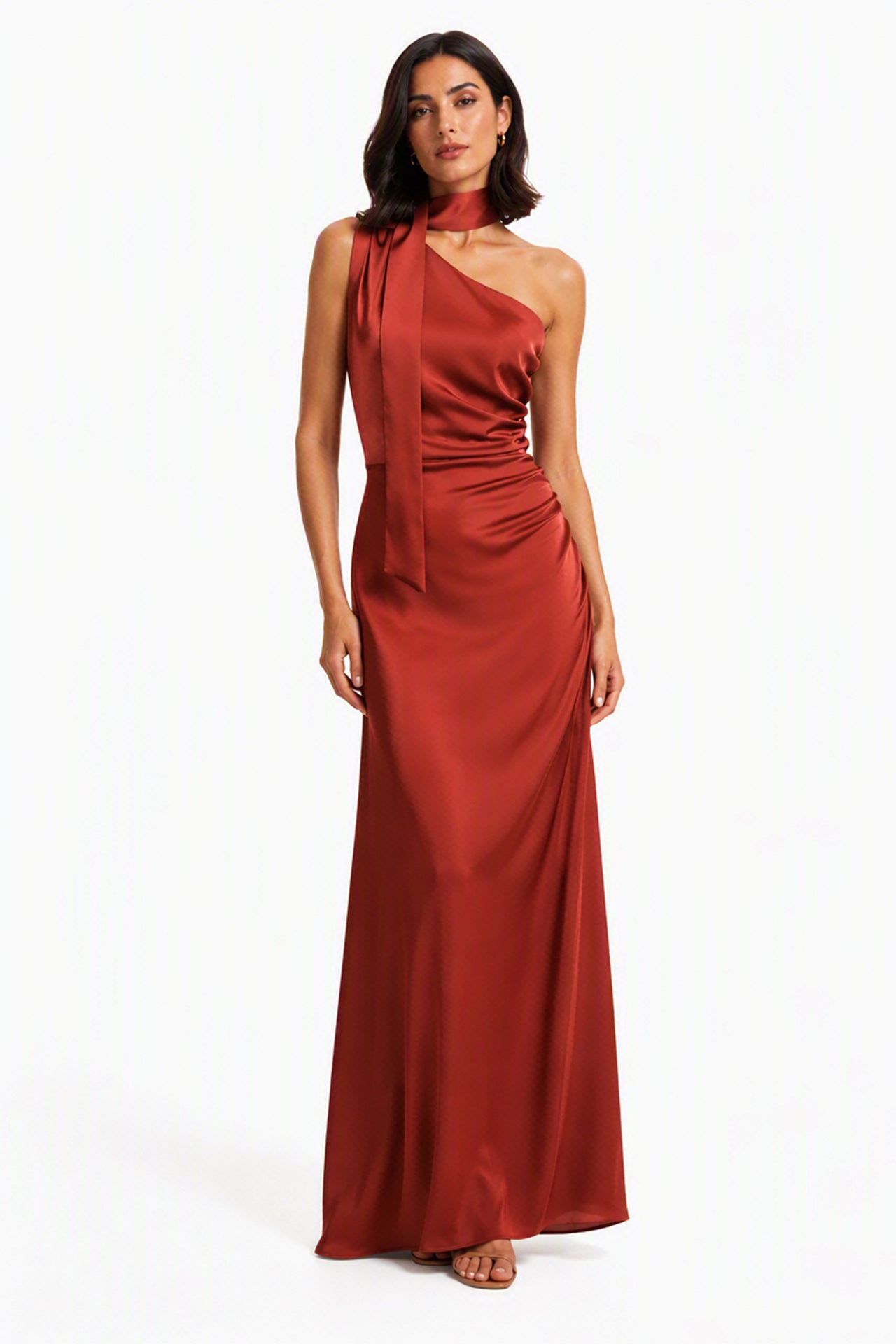 Abito Lungo Monospalla con Collarino e Fiocco in Satin - Eleganza per Matrimoni e Serate Speciali -2