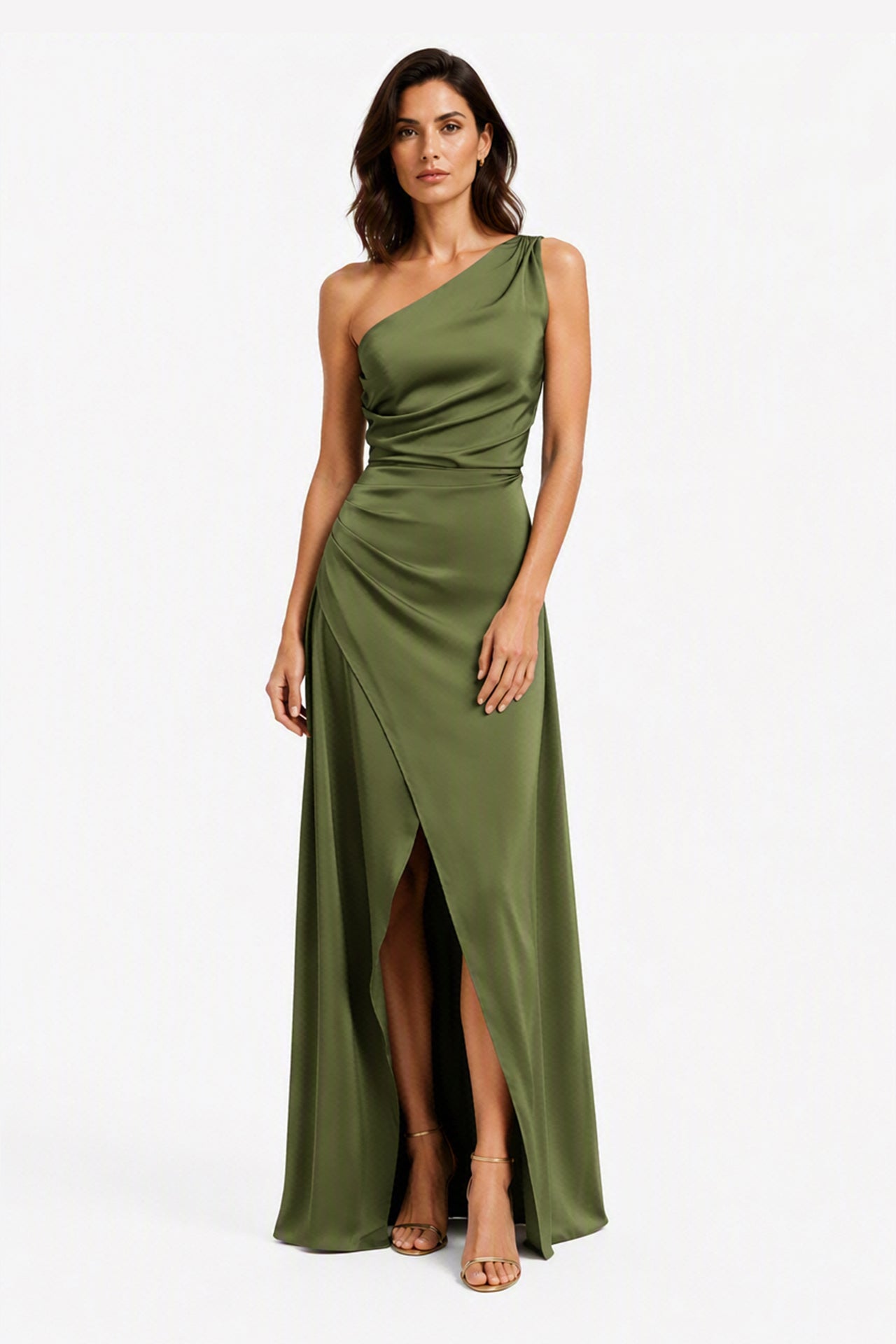 Abito Lungo Monospalla in Satin con Spacco - Eleganza Senza Tempo per Matrimoni e Serate -3