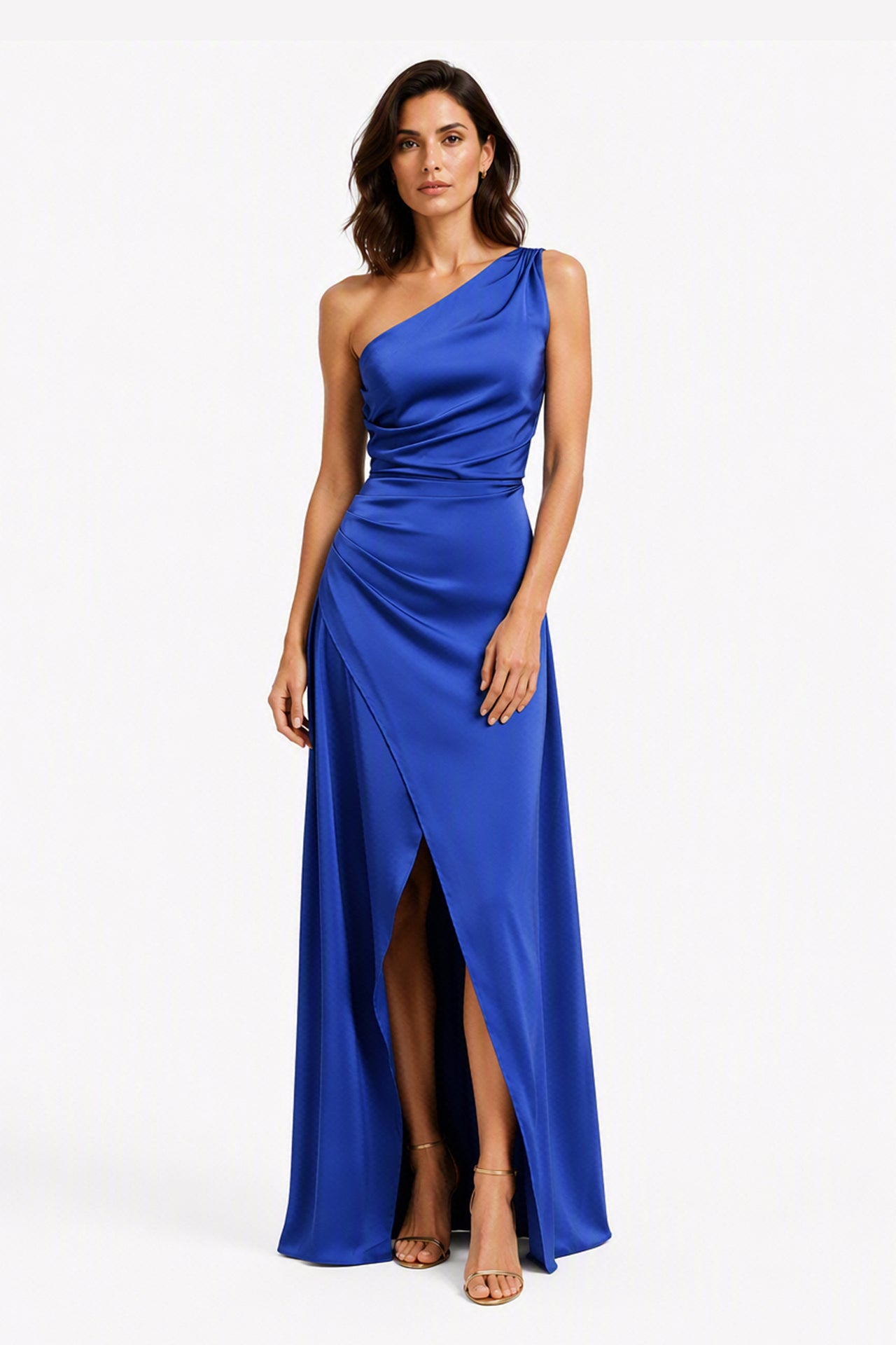 Abito Lungo Monospalla in Satin con Spacco - Eleganza Senza Tempo per Matrimoni e Serate -5